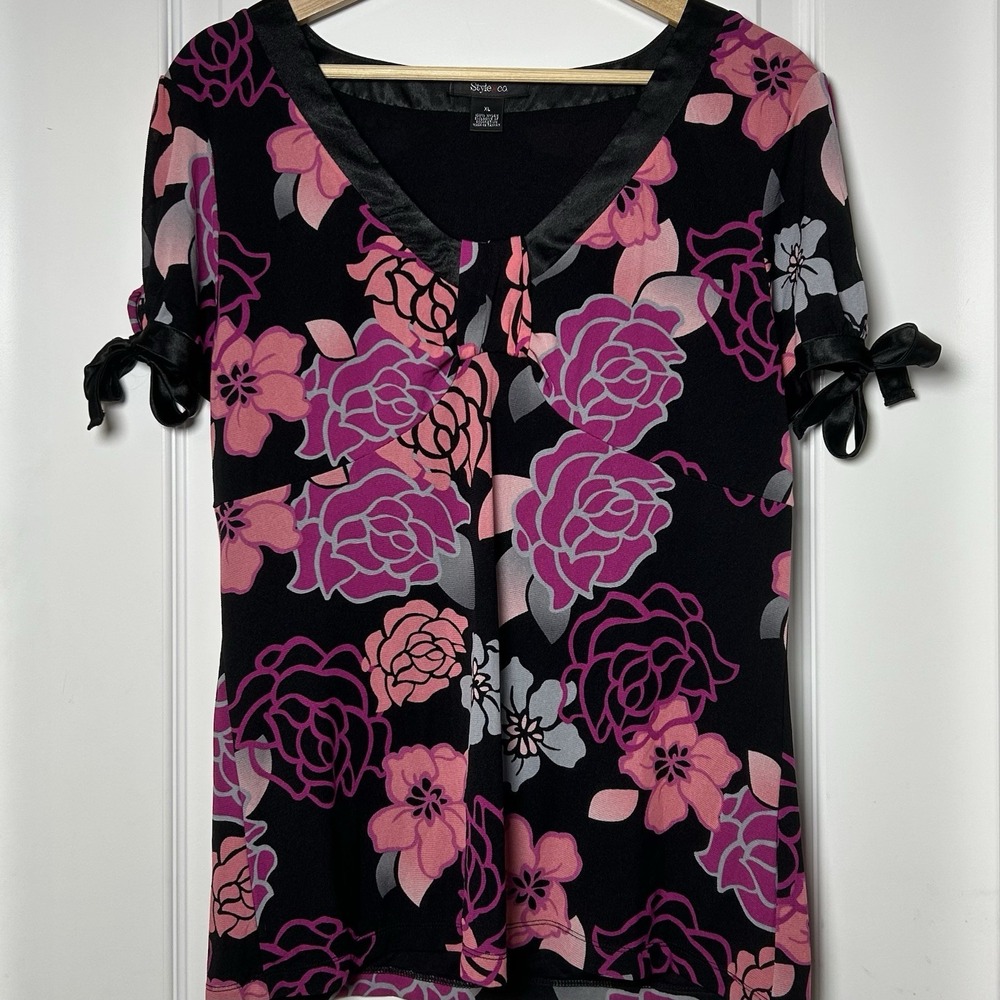 Style & Co. Black Magenta Rose Floral‎ Satin Bow Cuff Blouse Romantic Style